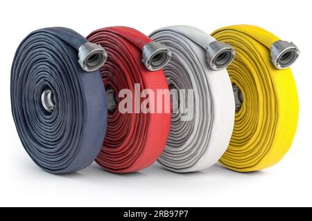 Fire hose soft pipes of different colors isolated on white. Firefighter equipment. 3d illustration Stock Photo