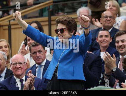 London, UK. 08th July, 2023. American tennis legend Billie Jean King receives applause on centre court on day six of the 2023 Wimbledon championships in London on Saturday, July 08, 2023. Photo by Hugo Philpott/UPI Credit: UPI/Alamy Live News Stock Photo