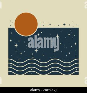 Aesthetic mystical background with sun and night sky. Burnt orange, deep colors. Stock Vector