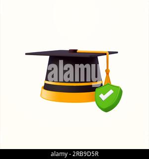 3d graduation cap or hat green check mark, isolated on background. Concept for university, college, academy, school ceremony, scholarship, diploma, graduated. 3d vector illustration. Vector illustration Stock Vector