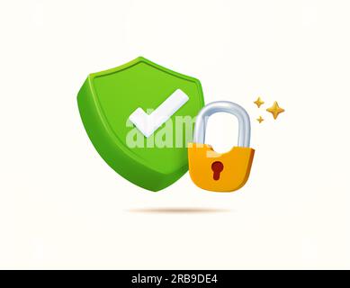 3d green check mark on a shield icon, secured lock, isolated on background. Concept for validation, safe account, data, server, information, transaction, antivirus, maleware. 3d vector illustration. Vector illustration Stock Vector