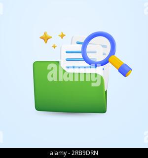 3d files and folder, magnifying glass in minimal style, isolated on background. Object for computer, data, documents, accounting, searching, indexing. 3d vector illustration. Vector illustration Stock Vector