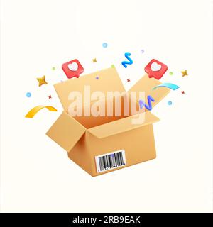 3d opened package box or cargo box with barcode, heart icons, confetti effect, isolated on background. Concept for gift box, deilvery, shipping, shopping, transportation. 3d vector illustration. Vector illustration Stock Vector