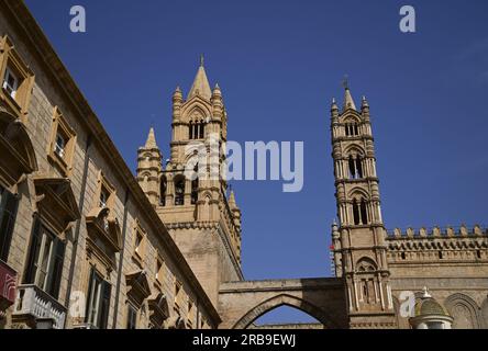 Landscape with scenic view of the Norman Gothic style Cattedrale di Palermo as seen from Via Matteo Bonello in Sicily, Italy. Stock Photo