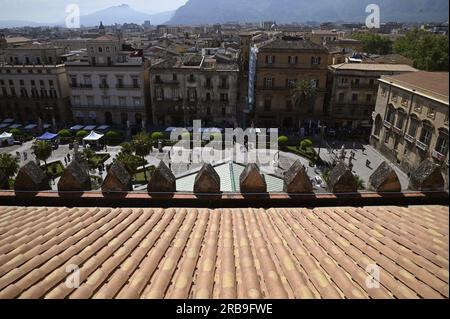 Landscape with scenic view of Piazza della Cattedrale as seen from the Norman Gothic style Cattedrale di Palermo in Sicily, Italy. Stock Photo