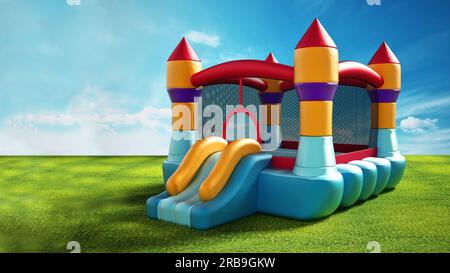 Bounce house standing on green grass. 3D illustration. Stock Photo