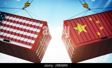 Trade wars concept with American and Chinese flag textured cargo containers clashing. 3D illustration. Stock Photo