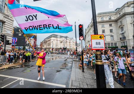 London, UK. 8th July, 2023. Trans pride march in London towards the end of Pride Month. The march started in pouring rain in Trafalgar Square and ended at Hyde Park Corner. Credit: Guy Bell/Alamy Live News Stock Photo