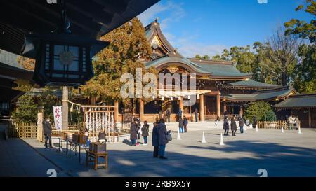 In this shot, I tried to capture the beautiful architecture of the shrine from under the eaves of a covered wall surrounding the courtyard of Samukawa Stock Photo