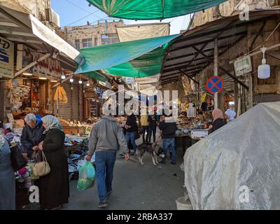 Amman,Jordan Different kind of grocery stores at the local bazaar(souk)in Amman,traditional local market place with food and spices in bowls and bags Stock Photo