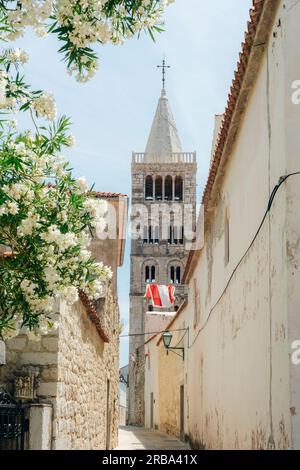 Bell tower of St. Mary's church and narrow street of the old town of Rab on the island Rab, Croatia. Stock Photo