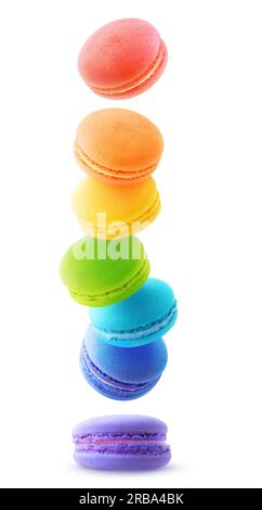 Falling macaroons of rainbow colors, isolated on white background Stock Photo