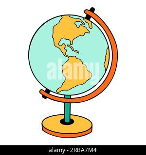 School globe cartoon in doodle retro style. Back to school stationery element bold bright. Classic supplies for children education or office work. Fun Stock Vector