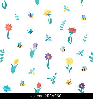 Pattern with spring flowers, butterflies, bees and dragonflies. Stock Vector