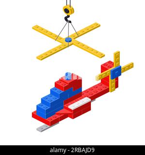 Concept with helicopter and crane assembled from plastic blocks in isometric style. Vector illustration. Stock Vector