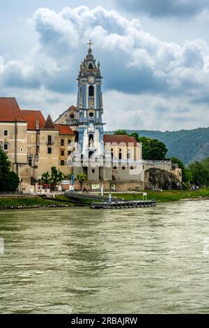 Dürnstein, Lower Austria – AT - June 8, 2023 Vertical view of the picturesque Dürnstein, a small town on the Danube River. Famous for the Dürnstein Ab Stock Photo