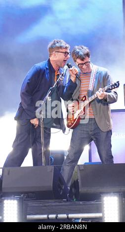 Damon Albarn and Graham Coxon of Blur performing on stage at Wembley Stadium in London. Picture date: Saturday July 8, 2023. Stock Photo