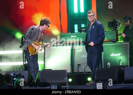 Graham Coxon and Damon Albarn of Blur performing on stage at Wembley Stadium in London. Picture date: Saturday July 8, 2023. Stock Photo