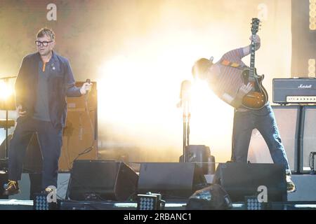Damon Albarn and Graham Coxon of Blur performing on stage at Wembley Stadium in London. Picture date: Saturday July 8, 2023. Stock Photo