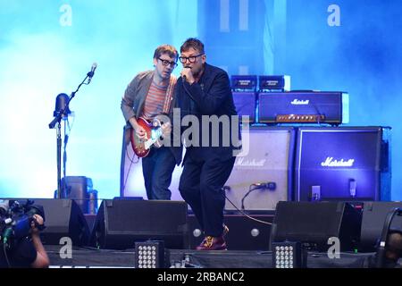 Graham Coxon and Damon Albarn of Blur performing on stage at Wembley Stadium in London. Picture date: Saturday July 8, 2023. Stock Photo