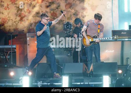 Damon Albarn and Graham Coxon of Blur performing on stage at Wembley Stadium in London. Picture date: Saturday July 8, 2023. Stock Photo
