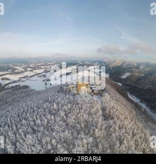 Winter aerial view of the Araburg castle ruins in the evening light, Kaumberg, Lower Austria, Austria Stock Photo