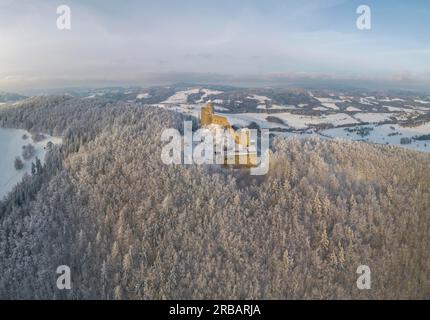 Winter aerial view of the Araburg castle ruins in the evening light, Kaumberg, Lower Austria, Austria Stock Photo