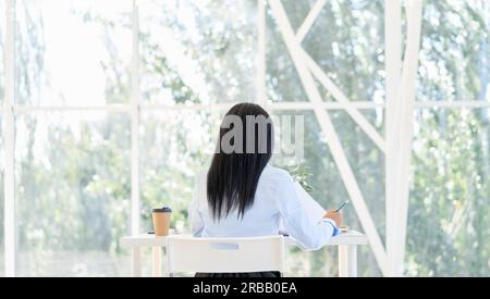 Back view of pretty black businesswoman working with laptop in modern office with panoramic windows background Stock Photo