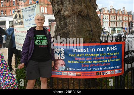 Windrush square, London, UK. 8th July, 2023. Speaker Jan O'Malley at the NHS is build by immigrants from the Caribbean, West India, Pakistiani, Malaysian and Irish. During the passage of the Conservative government, NHS staff suffered from low pay for NHS staff, cutbacks in NHS funding and a lack of staff led to the NHS crisis. Today we celebrate 75 Years of the NHS, Rally for Windrush Generation and establishment of the NHS, the NHS must and will remain free for all, London, UK. Credit: See Li/Picture Capital/Alamy Live News Stock Photo