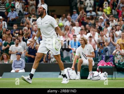 Wimbledon, London, UK. 8th July 2023.. Italian tennis player Matteo Berrettini celebrates at the Wimbledon 2023 Championships on Saturday 8 June 2023., Credit: Juergen Hasenkopf/Alamy Live News Stock Photo