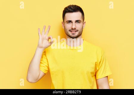 Smiling handsome man doing ok sign with hand and fingers over yellow background. Success concept Stock Photo