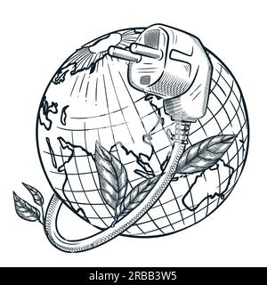 Earth hour concept. Vector hand drawn sketch illustration. Globe planet with electricity cable plug and leaves. Environmental ecology, green renewable Stock Vector