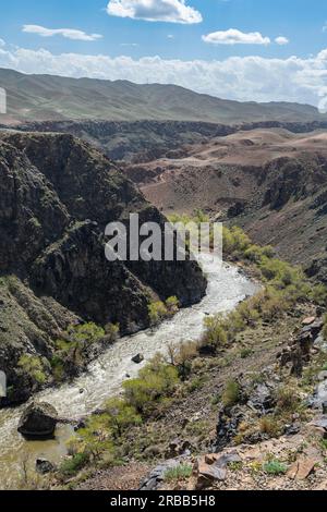 Aerial of the Charyn gorge and river, Tian Shan, Kazakhstan Stock Photo