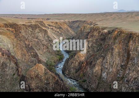 Aerial of the Charyn gorge and river, Tian Shan, Kazakhstan Stock Photo