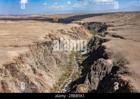 Aerial of the Charyn gorge and river, Tian Shan, Kazakhstan Stock Photo