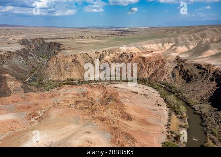 Aerial of the Charyn gorge and river, Tian Shan, Kazakhstan Stock Photo