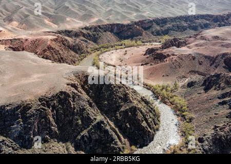 Aerial of the Charyn gorge and river, Tian Shan, Kazakhstan Stock Photo