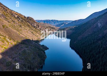 Aerial of the Lower Kolsai lake, Kolsay Lakes National Park, Tian Shan mountains, Kazakhstan Stock Photo