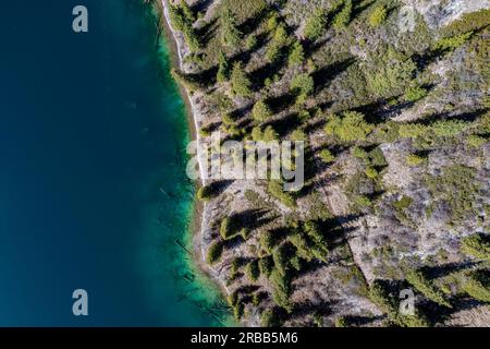 Aerial of the Lower Kolsai lake, Kolsay Lakes National Park, Tian Shan mountains, Kazakhstan Stock Photo