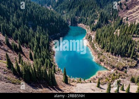 Aerial of the Kaindy lake with its dead trees, Kolsay Lakes National Park, Tian Shan mountains, Kazakhstan Stock Photo