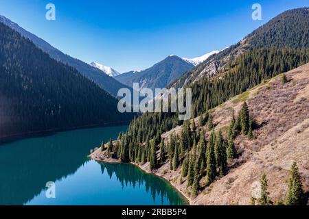 Aerial of the Lower Kolsai lake, Kolsay Lakes National Park, Tian Shan mountains, Kazakhstan Stock Photo