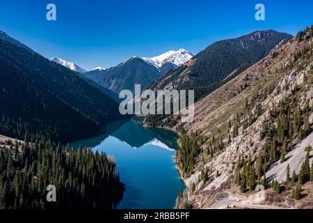 Aerial of the Lower Kolsai lake, Kolsay Lakes National Park, Tian Shan mountains, Kazakhstan Stock Photo