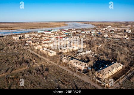 Aerial of collapsed buildings in Kurchatov, fomer headquarter of the Semipalatinsk Polygon, Kazakhstan Stock Photo