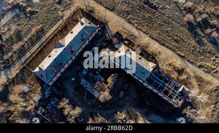 Aerial of collapsed buildings in Kurchatov, fomer headquarter of the Semipalatinsk Polygon, Kazakhstan Stock Photo