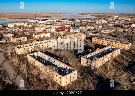 Aerial of collapsed buildings in Kurchatov, fomer headquarter of the Semipalatinsk Polygon, Kazakhstan Stock Photo