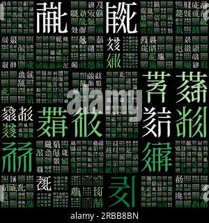 Digital cover. Design using random characters of old Tangut alphabet. Gradiented matrix pattern. Green color theme backgrounds. Stock Vector