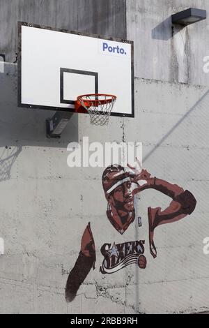 Portrait of basketball player Allen Iverson, mural by Kilos Graffiti, street art, Miragaia district, Porto, Portugal Stock Photo