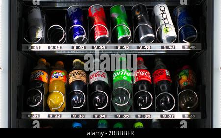Vending machine for soda, soft drinks, bottles and cans, Fanta, Coca-Cola, Sprite, Red Bull, Stuttgart, Baden-Wuerttemberg, Germany Stock Photo