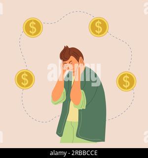 Depressed sad man thinking over financial problems and debts. Needing money. Vector illustration for bankruptcy, loss, crisis, trouble concept. Stock Vector