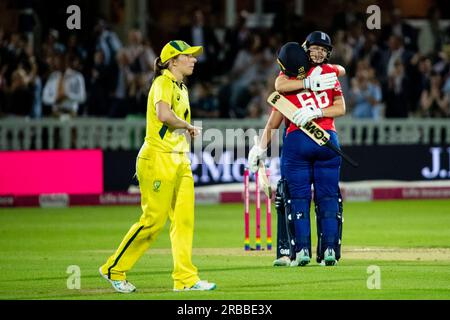 London, UK. 8th July 2023. Danielle Gibson (England 66) and Amy Jones embrace after winning the Third Vitality IT20 game of the 2023 Womens Ashes series between England and Australia at Lords Cricket Ground in London, England.  (Liam Asman/SPP) Stock Photo